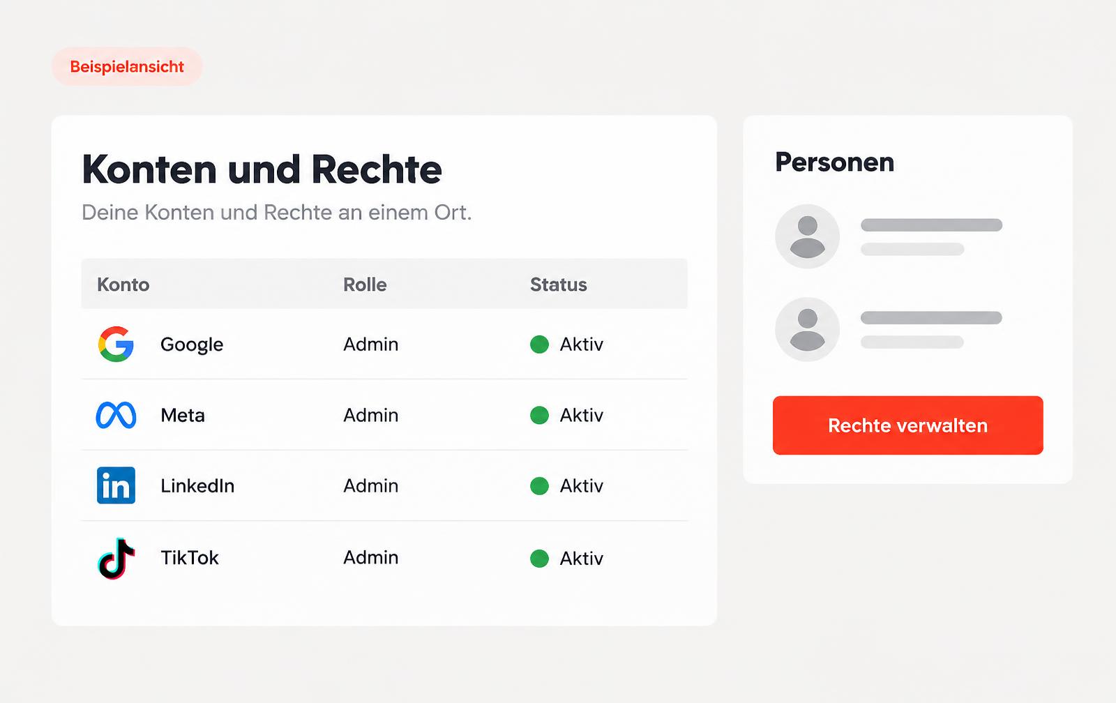 Beispielansicht einer Übersicht aller Konten mit Rollen und Status