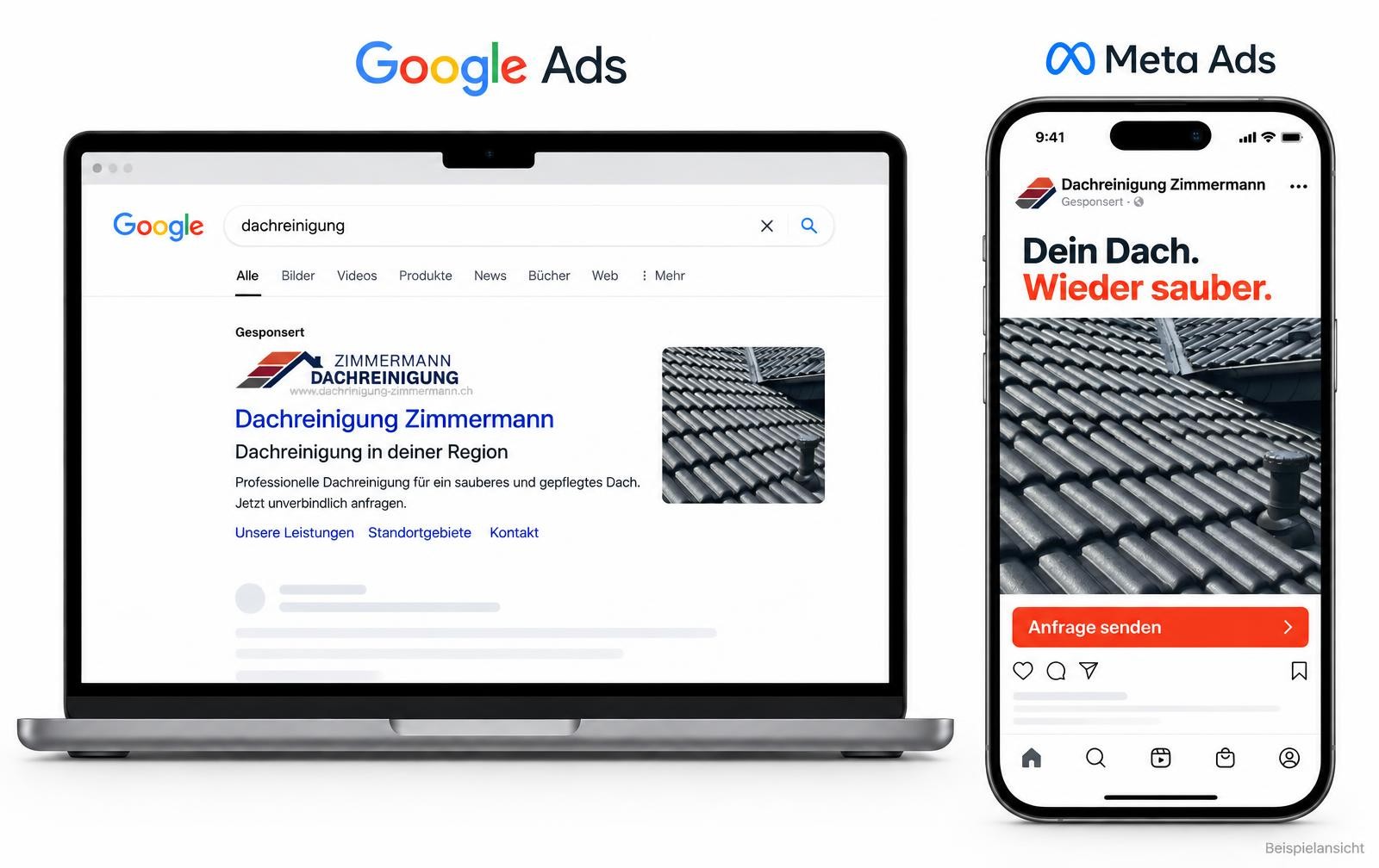 Beispielansicht einer Google-Suchanzeige und einer Meta-Anzeige für Dachreinigung Zimmermann