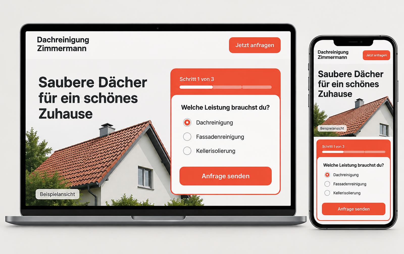 Beispielansicht einer Landingpage mit mehrstufigem Anfrageformular auf Laptop und Smartphone
