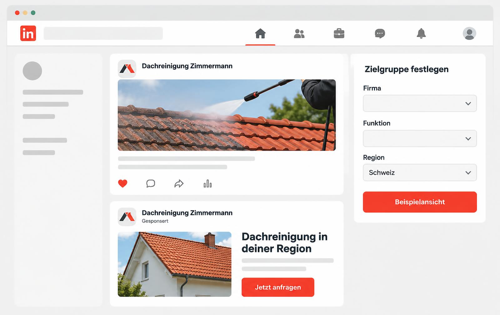Beispielansicht von LinkedIn Ads und einem organischen LinkedIn Beitrag mit Zielgruppe